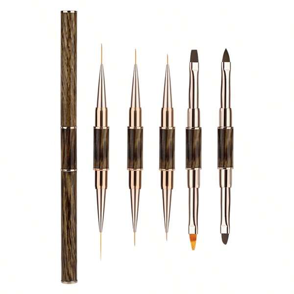 5pcs Wooden Grain Design Multifunctional Metal Dual-Head Nail Art Brush Set