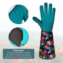 1pc Breathable & Puncture-Resistant Long Gardening Gloves With Floral Print, Made Of Polyester - Green - View 4