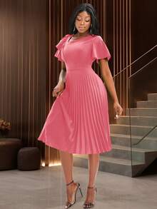 Women's Solid Color Simple Ruffle Sleeve Pleated Casual Dress Elegant Summer - Dusty Pink - View 3