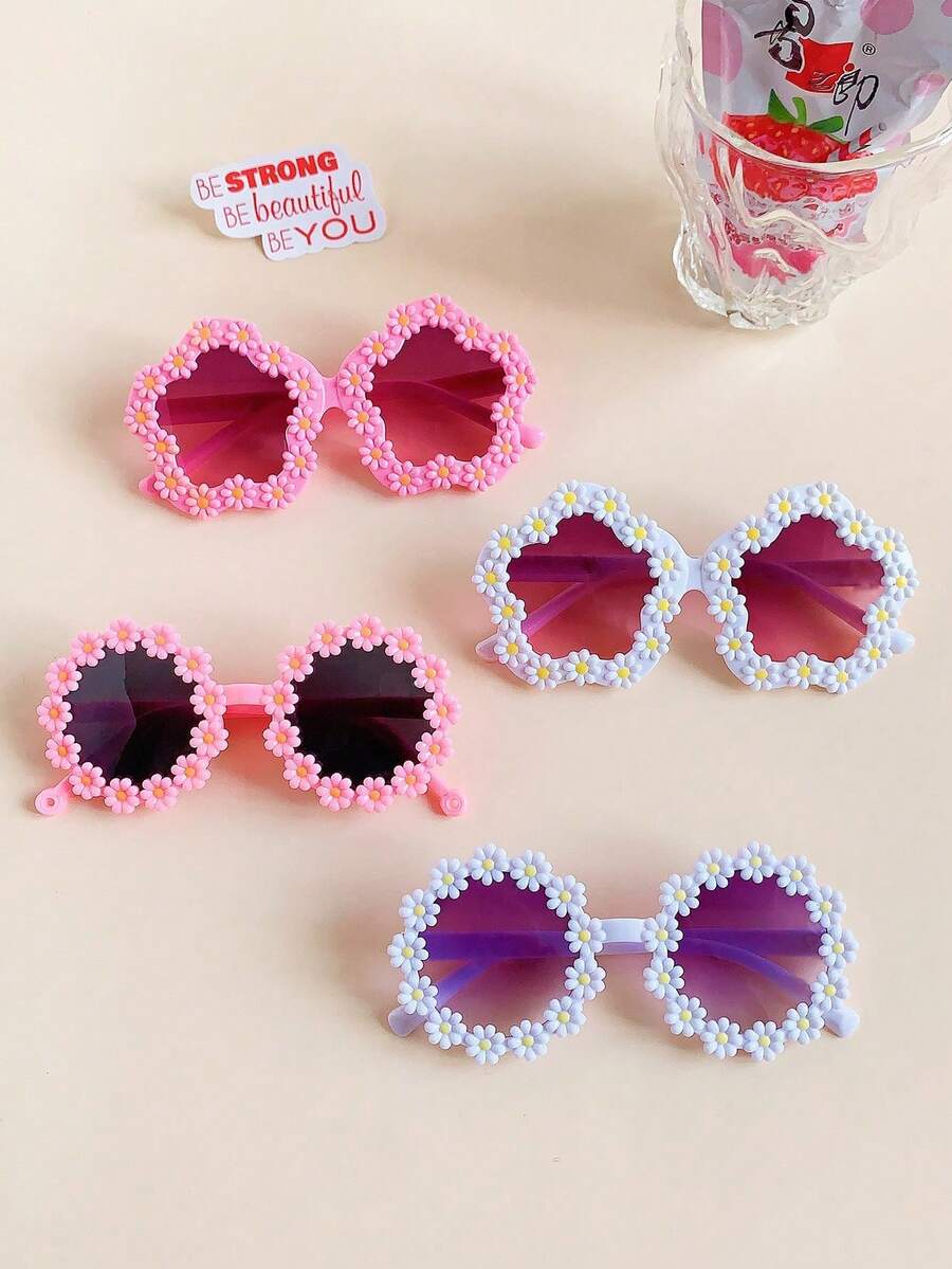 2/4 piezas Gafas de moda para niñas y niños con diseños de flores y corazones, 3 estilos, accesorios de moda para bebés - Multicolor - Ver 1