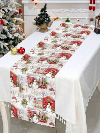 1 pieza 35*180cm/13.78*70.87inch Mantel de Navidad, Paisaje nevado rústico con casa roja y muñeco de nieve, Textil adecuado para decoración de mesa de comedor en vacaciones de invierno, reuniones familiares, acentos de mesa de café de la sala de estar para crear un ambiente cálido y nostálgico de vacaciones