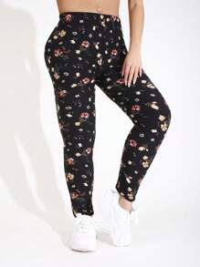 大码女式花卉和叶子印花休闲运动紧身裤，弹力瑜伽裤，适合健身训练，秋冬