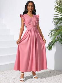 Elegante Vestido Largo Para Mujer De Color Sólido,Vestido Manga Con Volante,Vestido Cuello En V, Vestido Con Cintura Plisada De Verano - Rosa - Ver 3