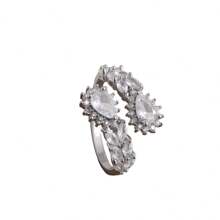 1pc Double-Row Waterdrop Copper Plated White Gold Micro Pave Zirconia Stone Fashion Open Finger Ring, Suitable For Outing, Leisures And Daily Wear