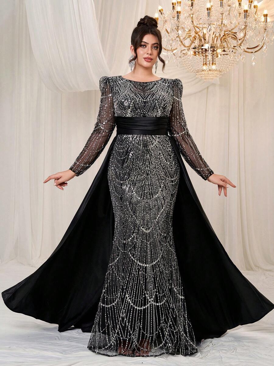 YISIKADO Plus Size Women Luxury Formal Evening Dress Curve Prom Party Night Dress Sequin Beaded Round Neck Long Sleeve Mesh Contrast Satin Wedding Guest Dress, For Graduation, Banquet Dinner Ceremony Celebration Ceremonial Dress - 黑色 - 查看 1