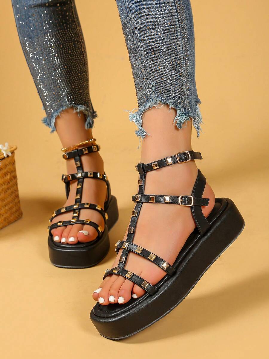 Bridal Platform Gladiator Sandals – Square Studded Multi-Strap Flats With Non-Slip Sole & Cushioned Comfort - Black - View 1