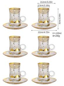 1 Set, Juego de Taza de Té Turca, Tazas de Té Marroquíes Chapadas en Oro, Juego de Vajilla Árabe Elegante - Incluye 6 Tazas y 6 Platillos, Apropiado para Fiestas y Té de la Tarde