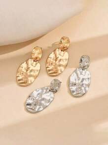 1 Pair Non-Piercing Geometric Asymmetrical Hammered Metal Clip-On Earrings, Oval Exaggerated Design Suitable For Women Office, Date, Travel, Party, Holiday Wear