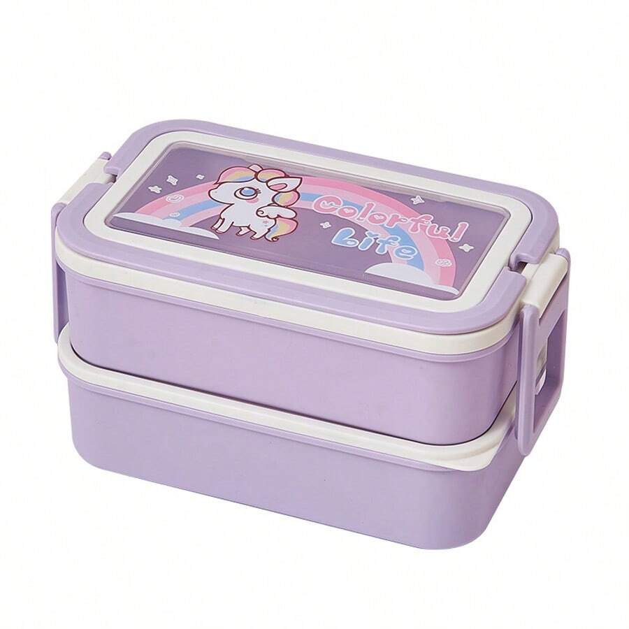 Tupperware Doble Capa Creativa con Cubiertos, Estilo Cartoon, Rectangular, Fácil de Llevar, para Almuerzo, Gran Capacidad