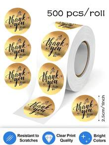 500pcs/Roll Matte Black Gold English Thank You Sticker Label, Gift Box/Envelope/Dessert/Handmade Product Thank You PVC Seal Label Sticker, DIY Decor Party Supplies Sticker Roll - Gold - View 1