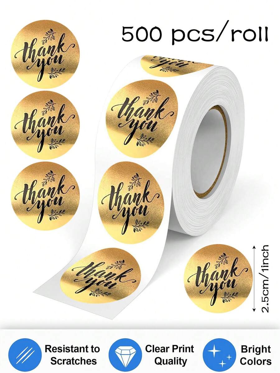 500pcs/Roll Matte Black Gold English Thank You Sticker Label, Gift Box/Envelope/Dessert/Handmade Product Thank You PVC Seal Label Sticker, DIY Decor Party Supplies Sticker Roll - Gold - View 1