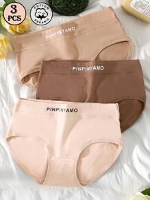 Set de 3 bragas para mujer, ropa interior cómoda y transpirable con estampado de letras y de unicolor, control de abdomen y levantamiento de glúteos