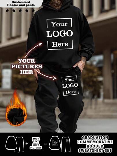 Customized Personalized Photo Men's Hoodie And Pants Set, Customize Your Name Text And Photo, Customize Selfie/Baby/Friend/Idol/Couple/Family/Party/School/Sports/Pet Love Photo Print , Fall Clothes