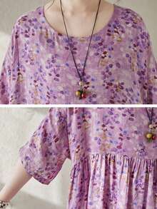 Topy, Letnia długa sukienka w kwiaty, Fioletowa sukienka, Czeska swobodna sukienka plażowa na wakacje, Damska sukienka w dużych rozmiarach, Letnia sukienka z okrągłym dekoltem i jednym rękawem 2025, Luźna duża plisowana sukienka, Losowy nadruk, Jedna sukienka