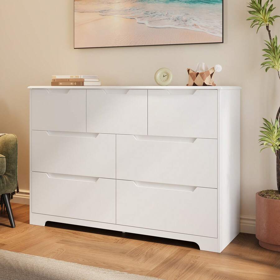 7 Drawer Dresser, 48" Wide Wood Chest Of Drawers For Bedroom, White Modern Storage Organizer  With Anti-Toppling Device And Thickened Beveled Base , Handle Free Design, For Living Room, , Entryway, Hallway,White - 白色 - 查看 1