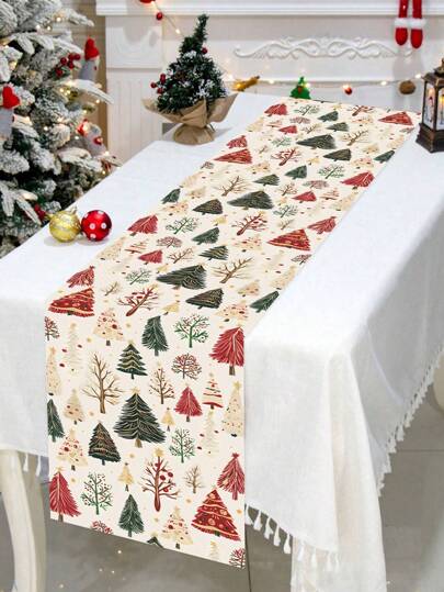 1 pezzo Tovaglia natalizia 35*180cm/13,78*70,87 pollici, con motivo minimalista di albero di Natale nello stile nordico, tovaglia rettangolare adatta per decorazioni natalizie, apparecchiatura del tavolo da pranzo invernale, decorazione del tavolo per feste a tema natalizio naturale