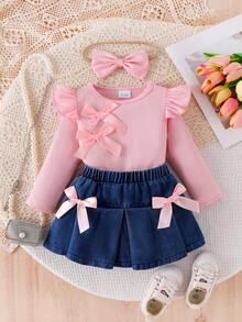 3pcs/Set Baby Girl Fashion Minimalist 3D Bow Decor Pink Ribbed Cap Sleeve T-Shirt, Bow Decor Elastic Waist Denim Skirt, Bow Headband Set