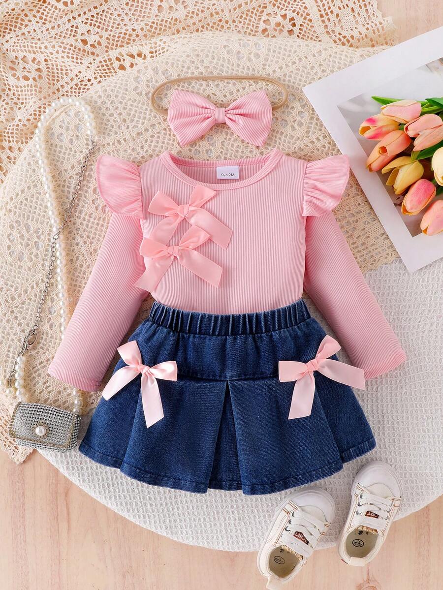 3pcs/Set Baby Girl Fashion Minimalist 3D Bow Decor Pink Ribbed Cap Sleeve T-Shirt, Bow Decor Elastic Waist Denim Skirt, Bow Headband Set
