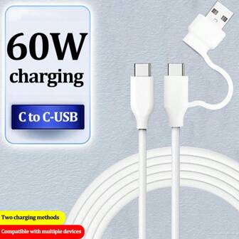 Câble de charge ultra rapide 60 W Transfert de fichiers de charge 2-en-1 Type-C vers Type-C-USB Câble de données multifonctionnel 2-en-1 convenant à l' 15/16 Série PD Charge rapide Longueur de ligne 1,8 m