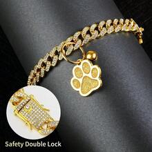 Collar de gato con diamantes, collar cubano con purpurina, metal para caminar con hebilla segura, collar de gato y mascota con eslabones de pata, accesorios de joyería con campana de identificación para gatos pequeños (dorado, 10 pulgadas) - dorado - Ver 3