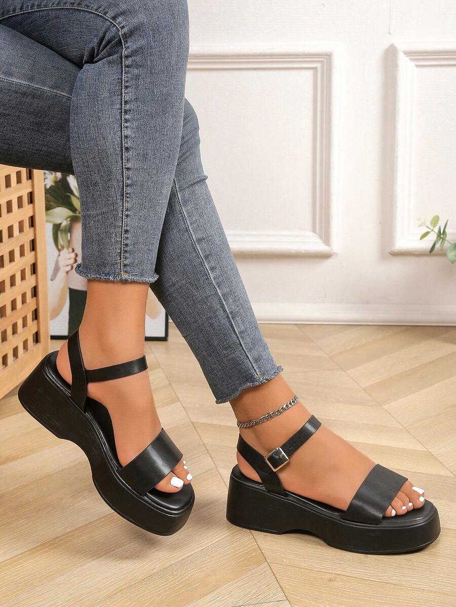 夏季厚底女士坡跟凉鞋，百搭纯色，钩环编织，百搭舒适 - 黑色 - 查看 1