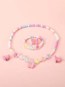 Juego de 5 piezas de collar, pulsera, anillo y aretes con charms de mariposa lindos, adecuado para que las niñas lo usen a diario durante todo el año