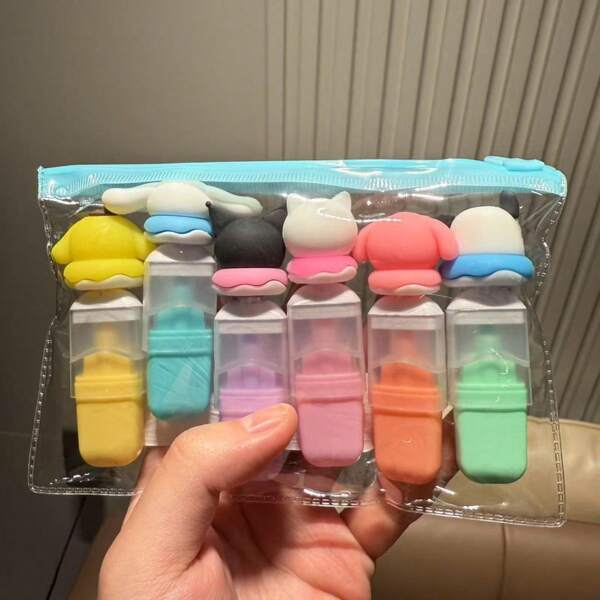 Sanrio 6 Stück Sanrio Mini 6-Farben Leuchtstift Set, süße Cartoon Zeichenstifte, Hochwertige Schönheitsstifte für Studenten, Farbmarkierstifte, Schulmaterial, Schulanfang