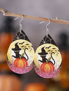 1 对哥特式蜘蛛网和豹纹泪珠吊坠耳环，万圣节 PU 双面派对耳环，万圣节耳环礼物