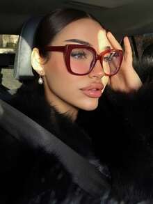 1 Pair Of Women's Classic Burgundy PC Frame Personalized Solid Color Fashion Retro Street Photo Glasses - 酒紅色 - 查看 1