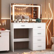 New Dresser For Summer, Dresser With Mirror And Bulb, Dresser With Multiple Drawers And Storage Shelves, Makeup Table, Dresser With 3 Color Modes And Adjustable Brightness, Bedroom, Large HD Mirror, Mirror And Jewelry Organizer, Gifts For Women - trắng - Xem 3