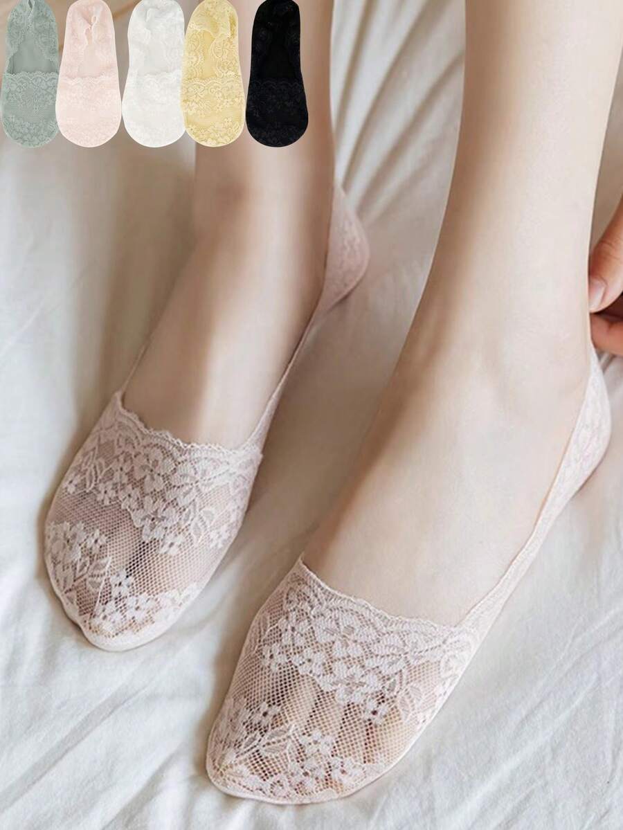 5 Pairs Women Socks Summer Thin Breathable Silicone Non-Slip Ladies Invisible Lace Boat Sock Transparent Fashion - Multicolor - View 1