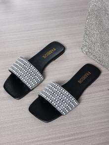 New Plus Size Luxury Anti-Slip Square Toe Mule Rhinestone & Pearl Embellished Fashion Versatile Women Beach Vacation Sandals - Black - View 6