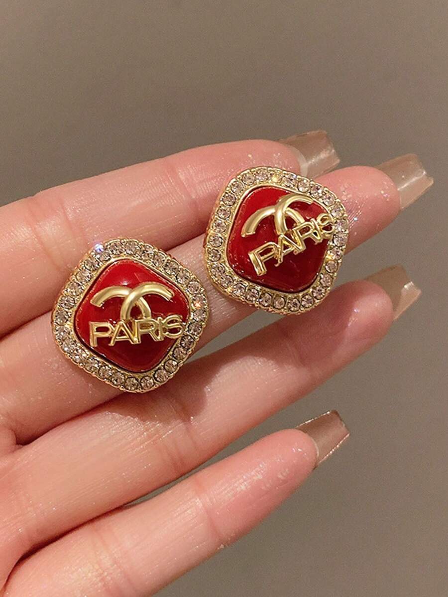 2 件韩式奢华红色字母耳环，镶嵌珍珠和微镶嵌水钻，高端品质百搭耳环 - 滿鑽字母耳釘 - 查看 1