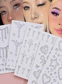 5 件白色面部宝石自粘面部珠宝贴纸发胶化妆贴纸脸部、眼睛、指甲贴珍珠星星水钻纹身适合女士女孩（5 张） - 白色 - 查看 2