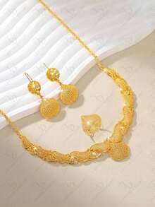 24K 镀金迪拜优雅花卉图案耳环和项链首饰套装，精致的中东风格，适合派对、婚礼、周年纪念、休闲日常穿着 - 金色 - 查看 7