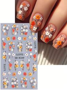 2 pezzi 5D Adesivi per unghie con fiori a cinque petali arancioni e gialli in rilievo, decorazioni per unghie con design floreale per matrimoni, stile Y2K, accessori per unghie con effetto in rilievo