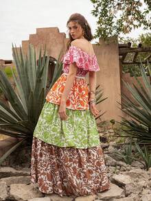 Faeriesty BohoBloom 女士露肩短袖波西米亚连衣裙 - 优雅的露肩上衣，俏皮的A字层叠裙摆，充满活力的波西米亚印花：完美适用于海滩度假、公园漫步、周末短途旅行、夏季野餐、休闲外出，尽显优雅气质。 - 彩色 - 查看 2