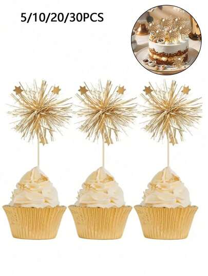 30个箔纸烟花纸杯蛋糕装饰插牌，生日快乐蛋糕装饰，闪亮金属花朵饮料搅拌棒，流苏蛋糕签，鸡尾酒水果牙签，情人节派对用品，金色，甜点桌，派对礼品，母亲节礼物，礼物，新娘送礼会，返校季