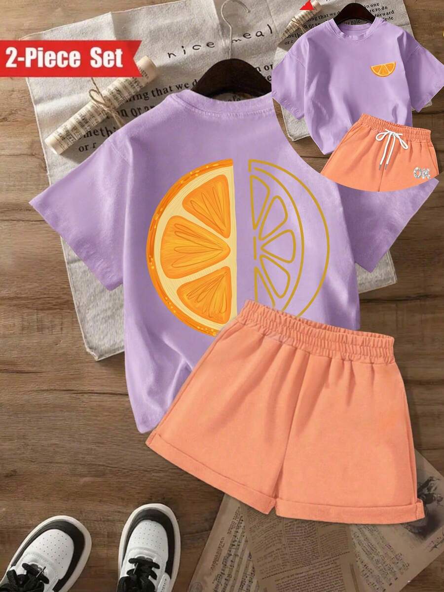 短袖短褲套裝-水果橙子 柚子片圖案，立體燙鑽ok字母，女士 圓領 合身 短袖 夏季上衣,，100%棉質T卹，舒適日常 休閒女裝，ins風，外出度假 - 紫色+橙色 - 查看 1