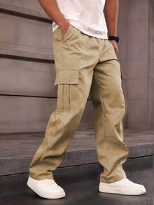 1 件男童和青少年休闲宽松多口袋直筒裤，适合运动和户外，春夏秋 - 卡其色 - 查看 4