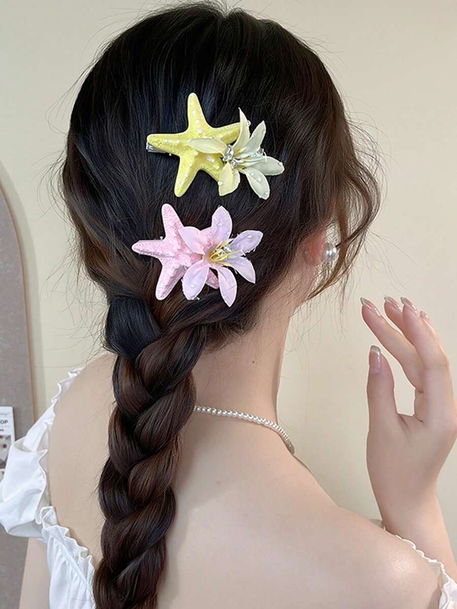 1 件浪漫海洋主题蝴蝶和海星花卉女士发夹，波西米亚风格，发饰，夏季配饰，旅行，爪夹，发夹，发夹，发夹 - 彩色 - 查看 1