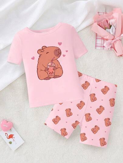 2pcs/Set Toddler Girls' Cute Capybara Animal Cartoon Print Round Neck Knitted Tight Fit Comfy Casual Short Sleeve Top And Shorts Pajama Set, Pink