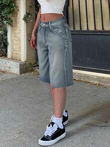 Y2K Streetwear Mid-Waist Distressed Frayed Bermuda Knee-Length Denim Shorts With Pockets - Retro Blue - View 3