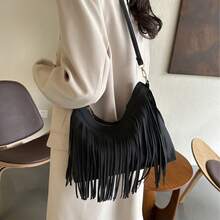 Women's Large Capacity Tassel Fringe Shoulder Bag - Boho Chic Crossbody Purse With Adjustable Strap, PU Leather Hobo Bag For Commuter, Travel, Daily Outing, Fashion-Forward Design (Gray, Brown, Black) - Black - View 6