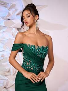 Đầm dạ hội đuôi cá hở lưng đính cườm hoa thanh lịch dành cho quý cô, thích hợp cho dạ hội, khách dự tiệc cưới, tiệc tùng - Màu xanh lá cây đậm - Xem 3