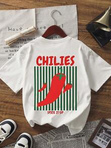 New Women Soft Versatile Casual Loose Fit Round Neck Lightweight Chili Pepper Print T-Shirt, Spring/Summer - White - View 4