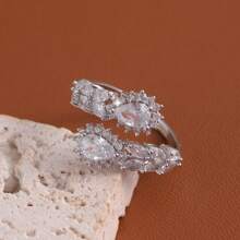 1pc Double-Row Waterdrop Copper Plated White Gold Micro Pave Zirconia Stone Fashion Open Finger Ring, Suitable For Outing, Leisures And Daily Wear