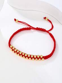 1pc Double Strand Smooth Pearl Women's Handmade Braided Rope Bracelet/Chinese Knot Bracelet, Bright Red