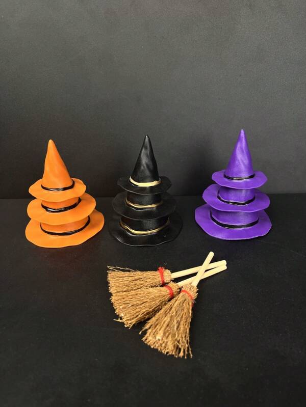Witch Hat And Broom Set, Halloween Witch Hat, Mini Magic Flying Broom, Handmade DIY Jewelry Accessories, Micro Landscape Photography Prop, Desktop Decor