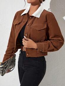 Caramel Color Corduroy Short Jacket, Contrast Color Collar Design, Fashionable Slimming Piece